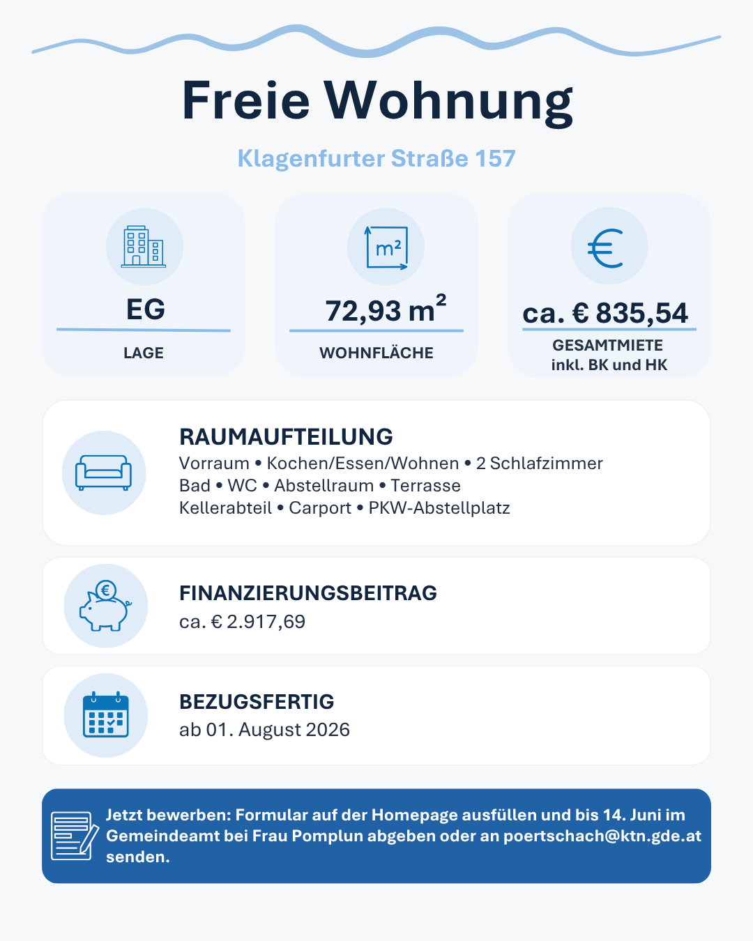 Freie Wohnung mit Bewerbungsfrist 14.06.2026 (Klagenfurter Straße 157)