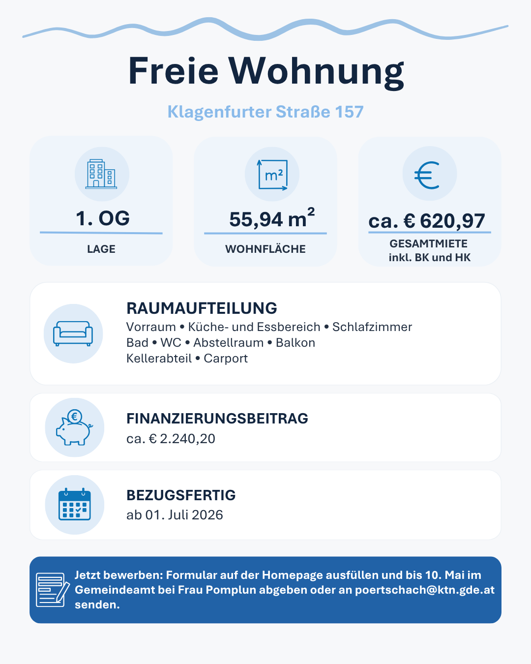 Freie Wohnung mit Bewerbungsfrist 10.05.2026 (Klagenfurter Straße 157)