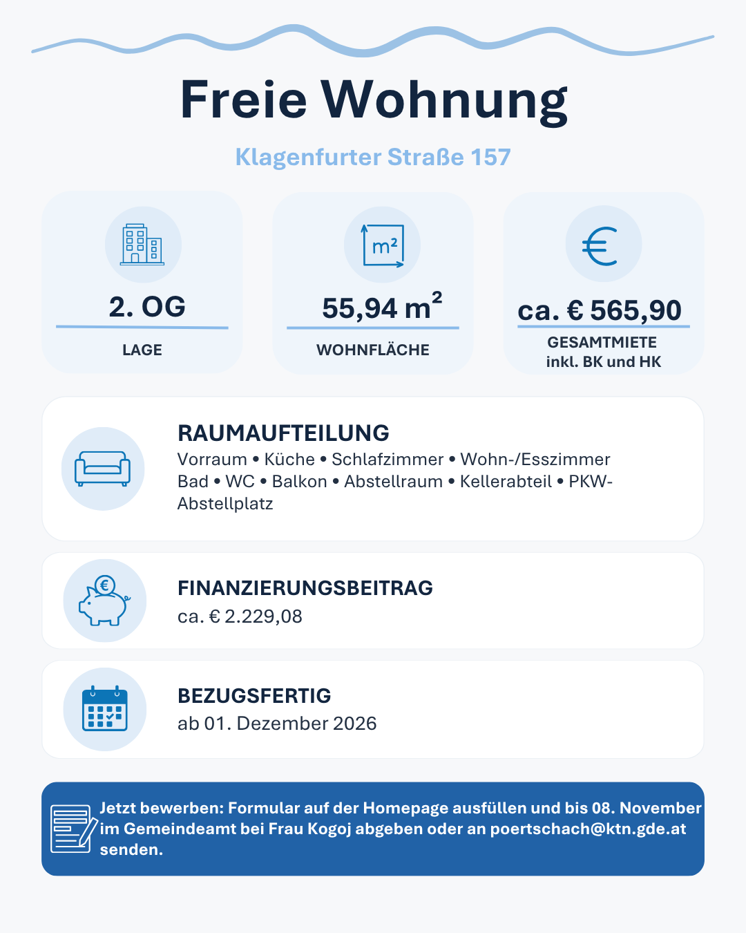 Freie Wohnung mit Bewerbungsfrist 08.11.2026 (Klagenfurter Straße 157)