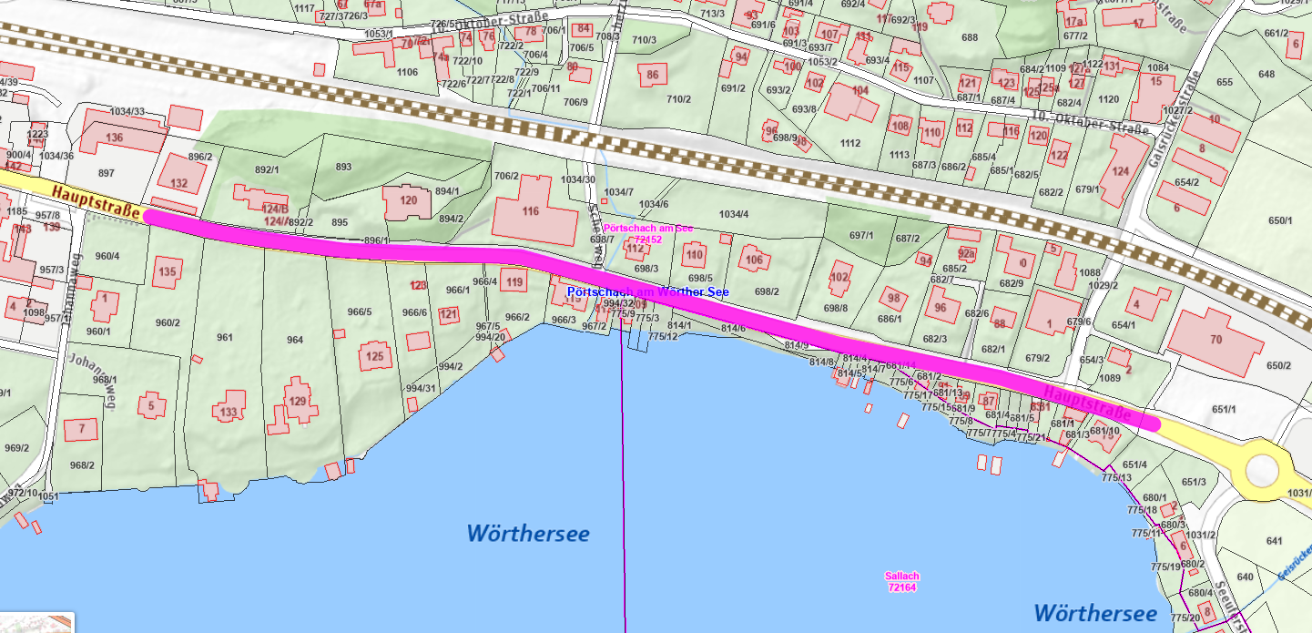 Katasterplan von Pörtschach am Wörthersee, Kärnten mit hervorgehobener Hauptstraße